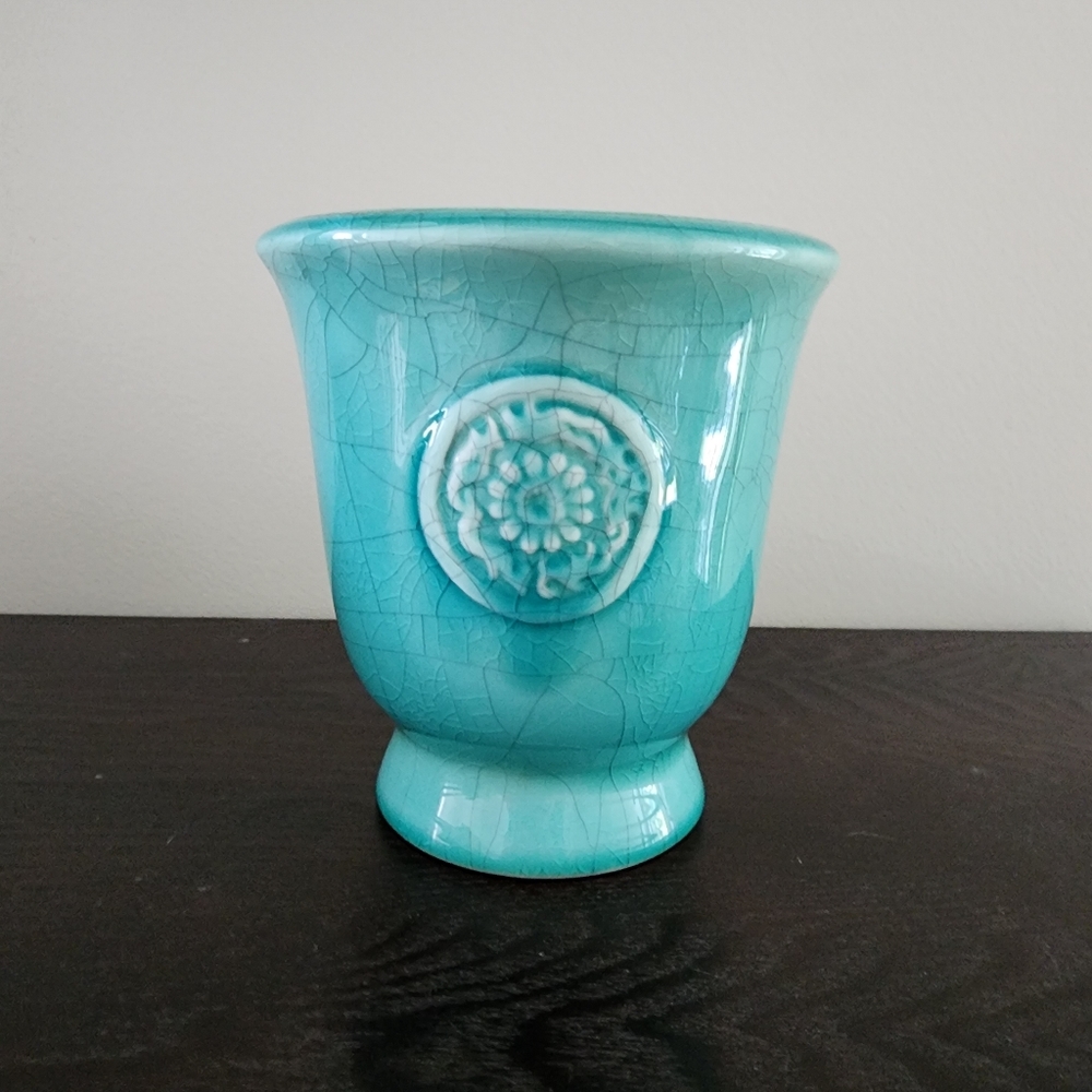 Floral Teal Crackle Glass Vase